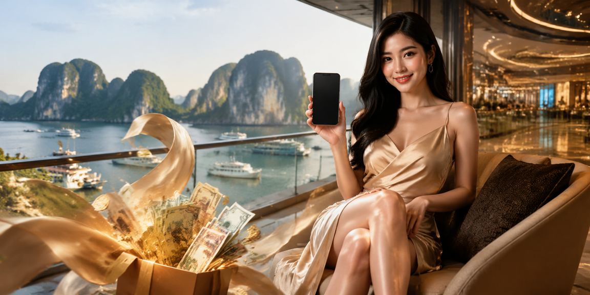 Người dùng nhận cashback bonus tại khu vực vịnh Hạ Long, sử dụng thiết bị di động bên ngoài trời